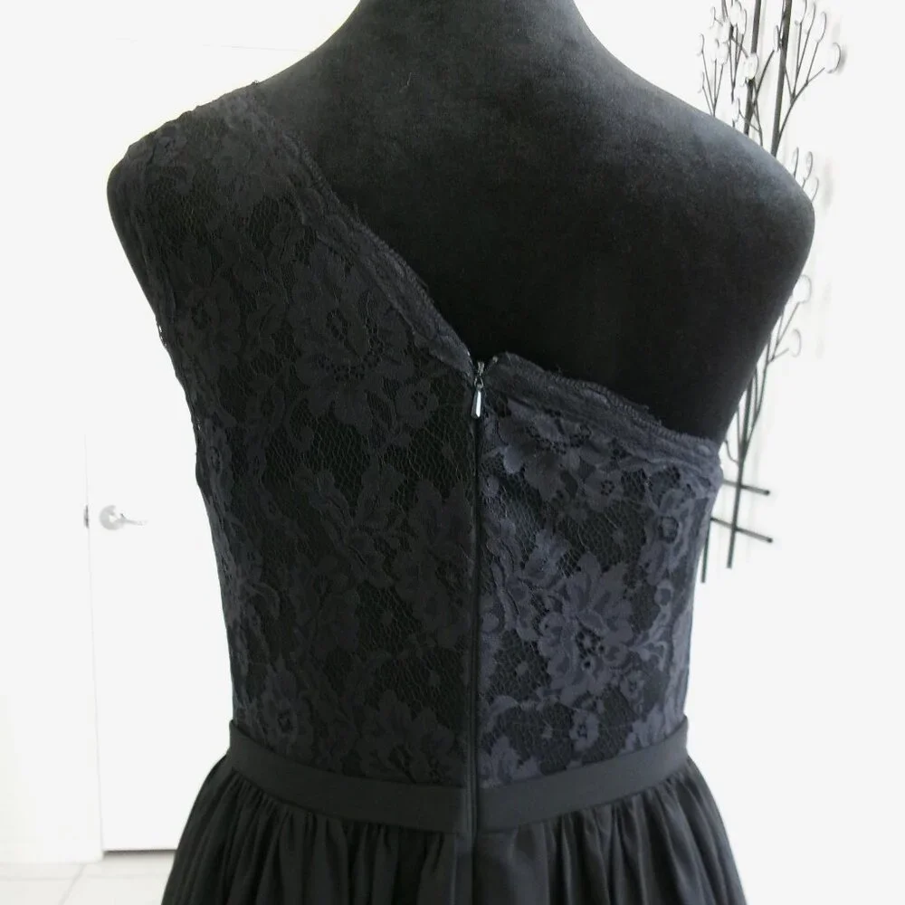 New Black One Shoulder Chiffon Gown Formal Dress M 6 S 4 Lace Top Formal - Picture 8 of 15